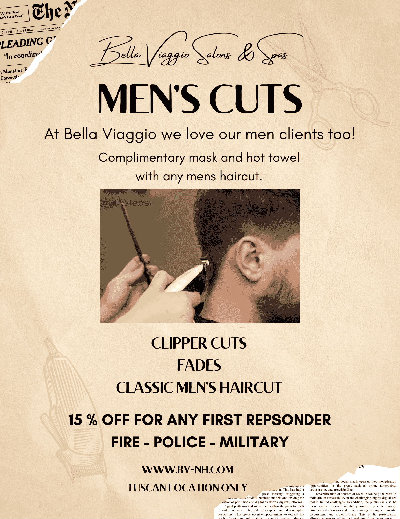 Men's haircut advertisement with discounts for responders, police, and military.