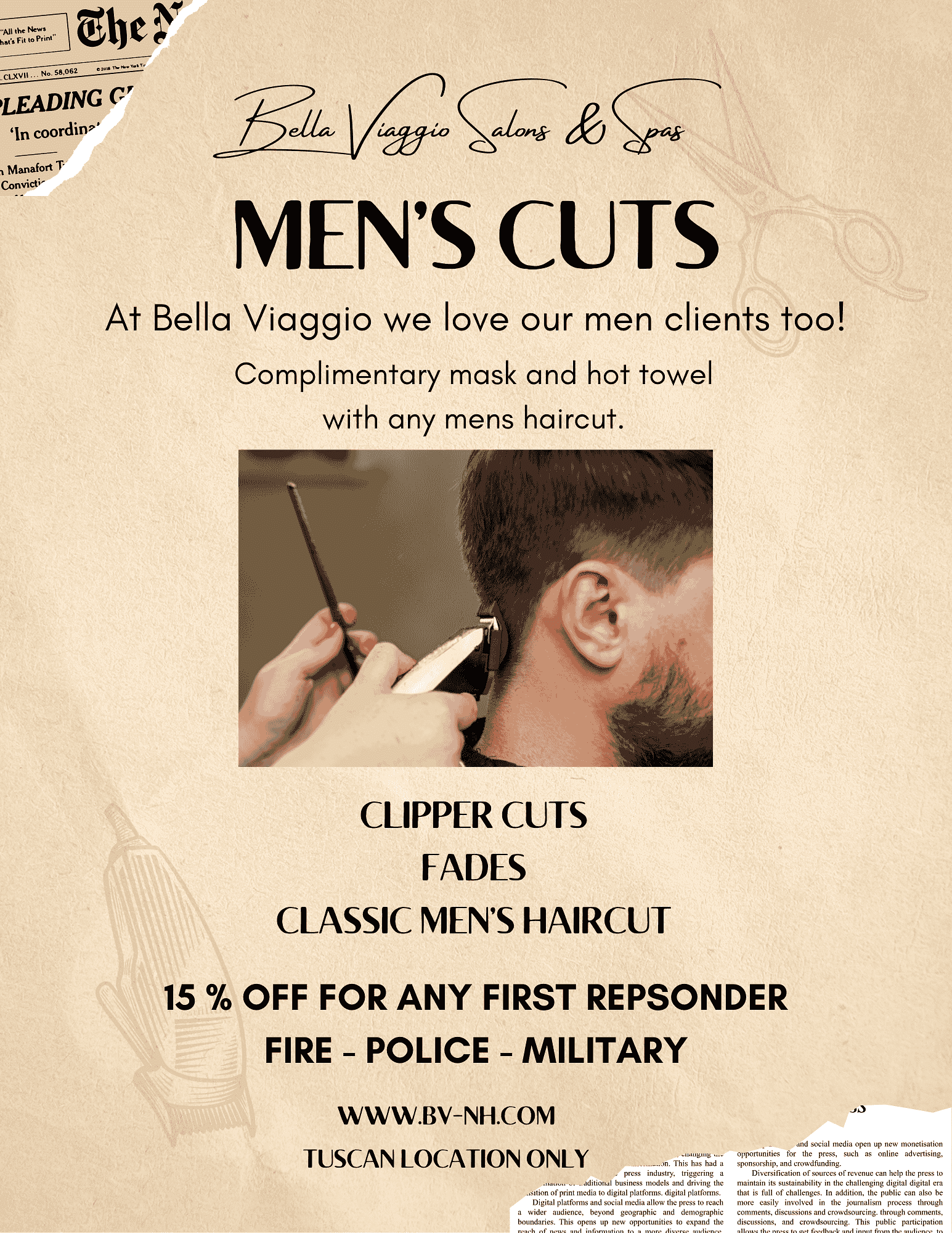 Men's haircut advertisement with discounts for responders, police, and military.